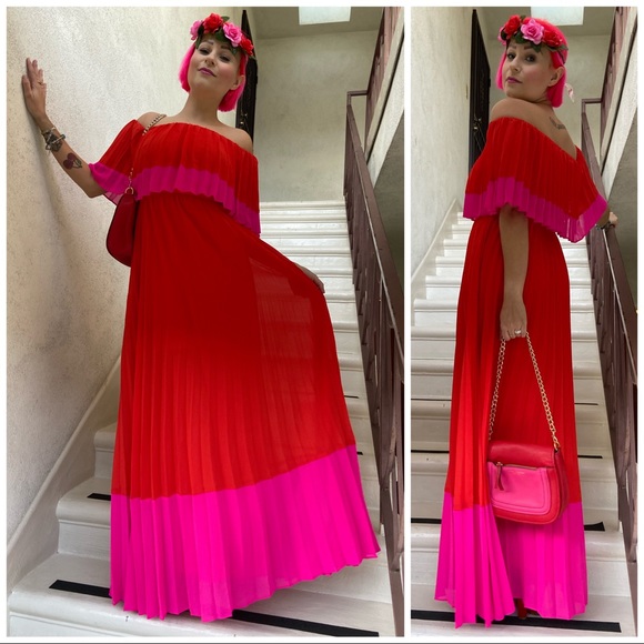 pink pleated maxi dress